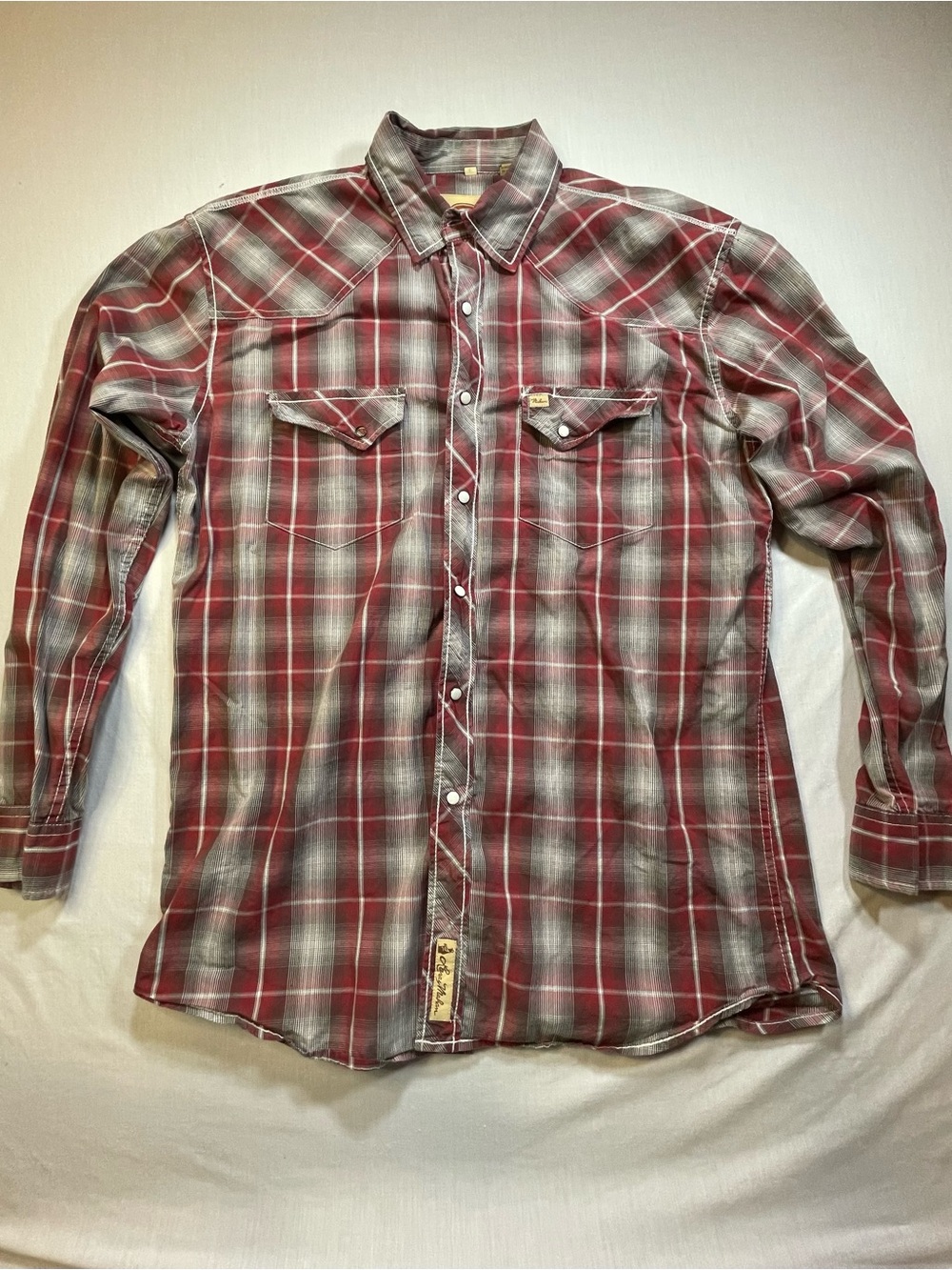 Larry Mahan Cowboy Collection Pearl Snap Shirt Mens XL Crimson Red Plaid *Flaw